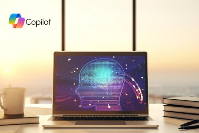 Microsoft screen on desk showing AI 